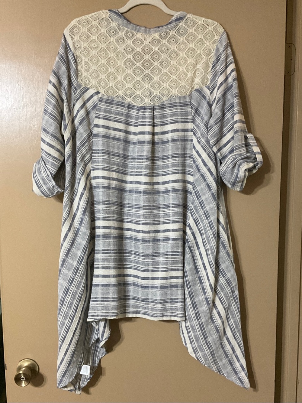 Umgee Blue and White Striped Tunic with Lace Yoke - Picture 2 of 10